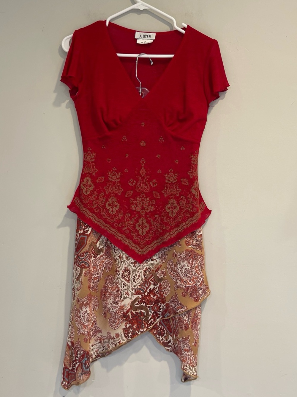 EUC A. Byer Red Embellished top and paisley Handkerchief-Hem skirt